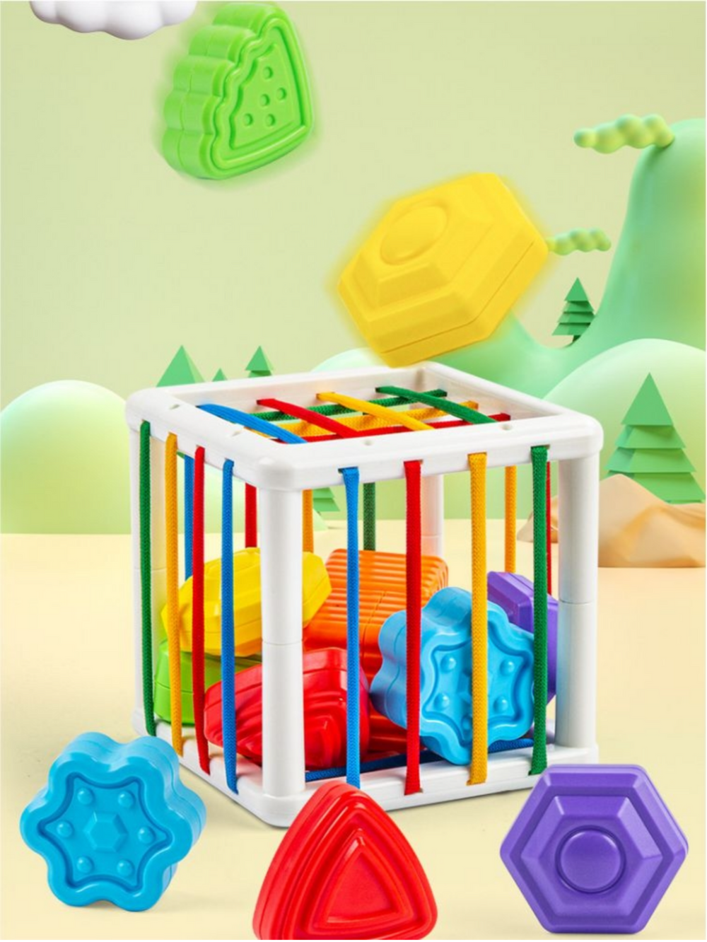 Sensory shape cube – motor skills, BPA-free, flexible bands | Montessori toy
