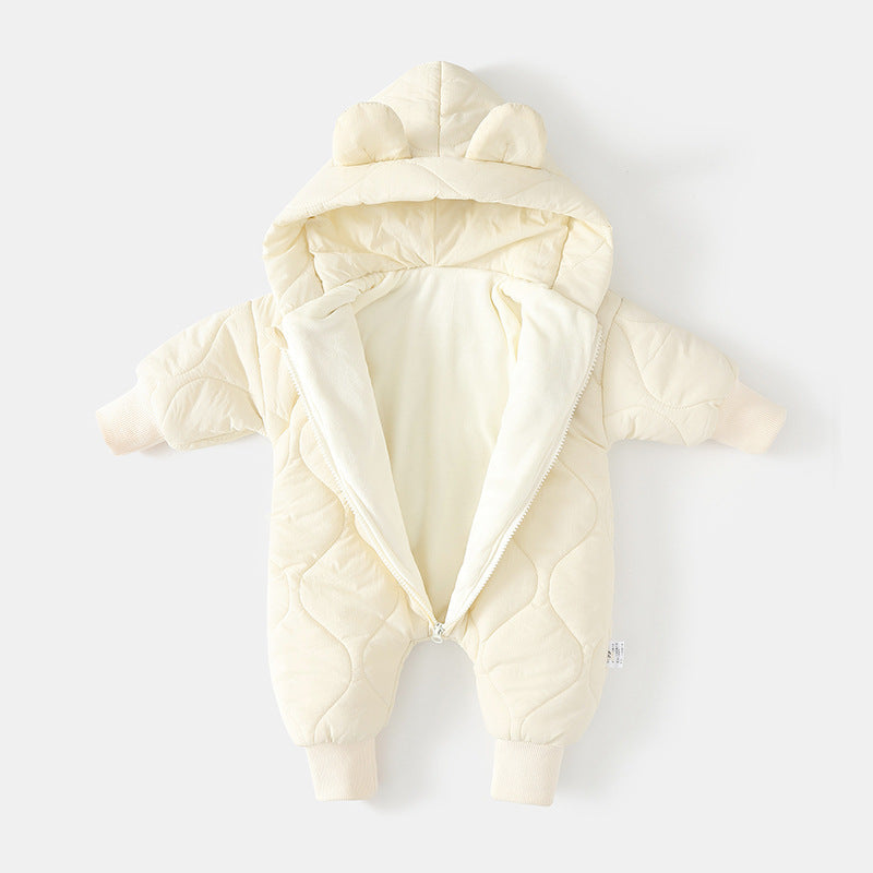 Baby onesie with bear ears – warm, fleece-lined, easy zip | unisex babygrow