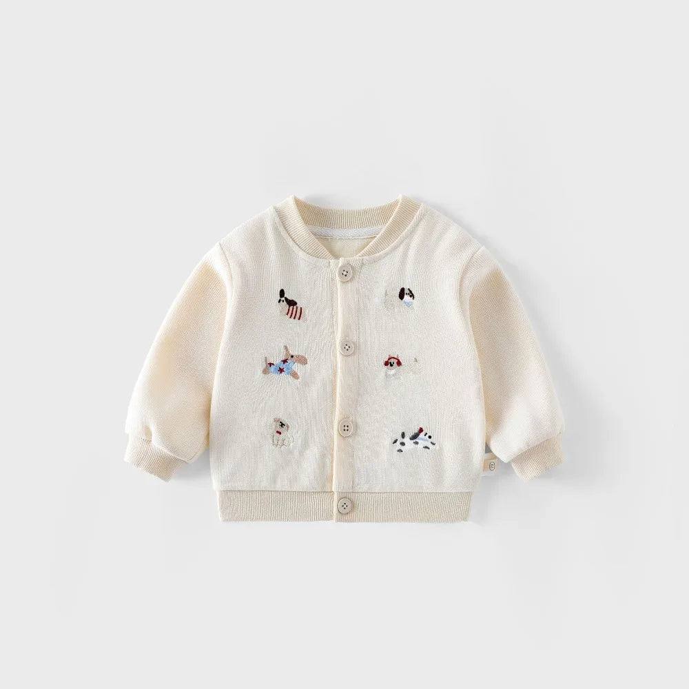 Baby & toddler baseball jacket – dog embroidery, button fastening | autumn