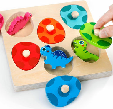 Wooden dinosaur puzzle with chunky knobs – colourful, educational, hidden surprises | toddlers