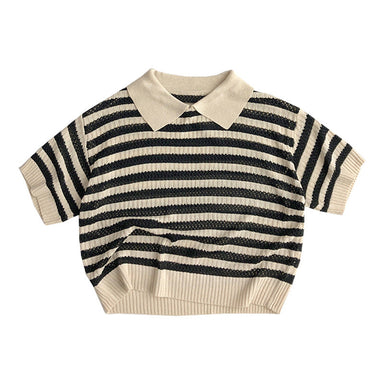 Knitted polo jumper with short sleeves – striped, 100% cotton | unisex kids