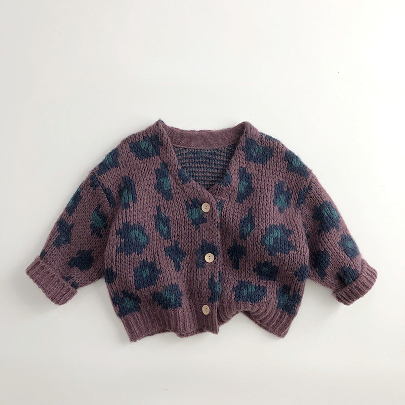 Knitted leopard print cardigan – soft cotton, ribbed cuffs | girls