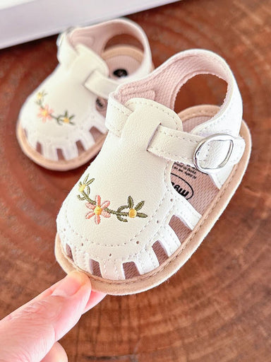 Baby sandals with floral embroidery – soft sole, adjustable strap | girls