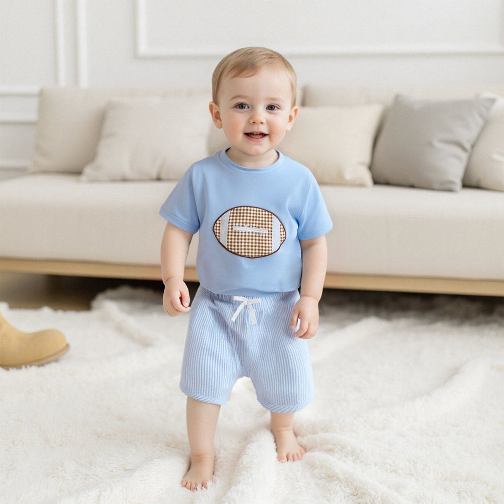 Boys' summer set with rugby ball appliqué – cotton-polyester, striped shorts | baby & toddler outfit