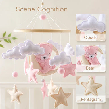 Wooden cot mobile with bears and stars – soft colours, felt figures | nursery decor