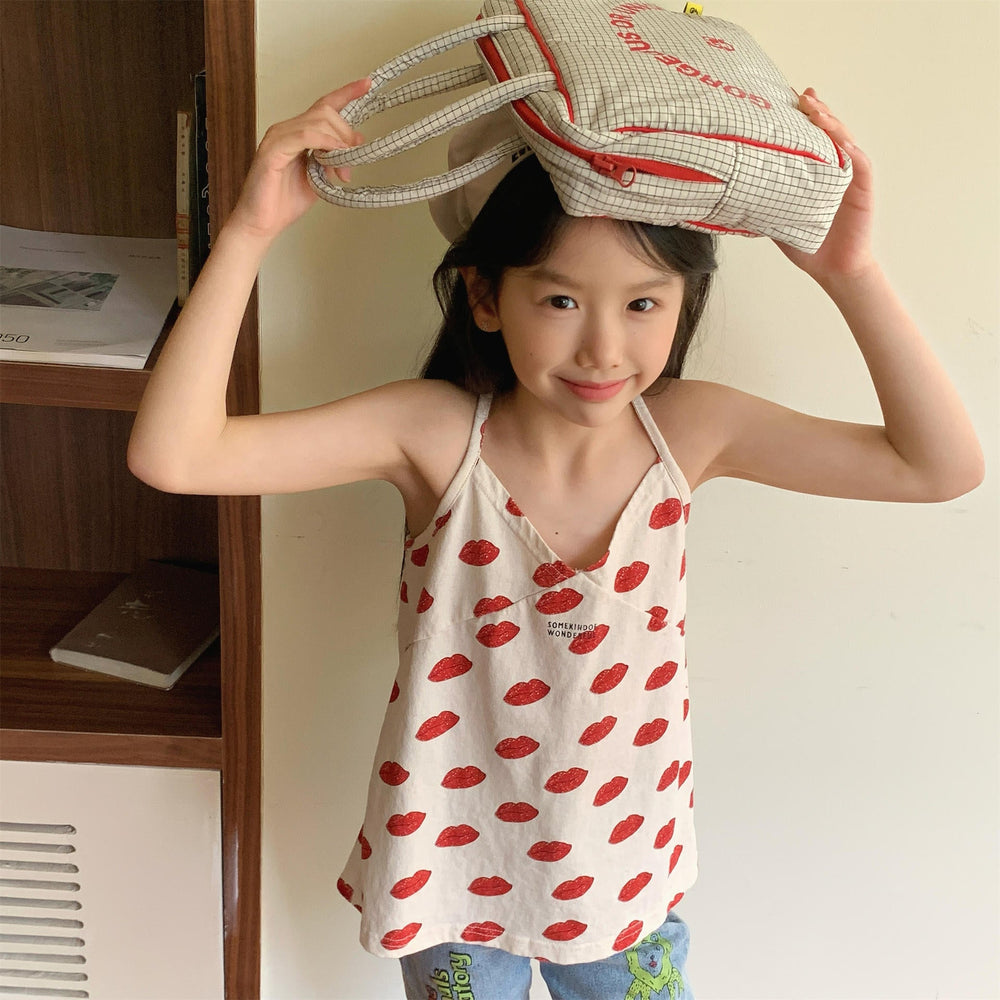 Girls' summer top with floral or lip print – soft cotton, spaghetti straps | 0–6 years