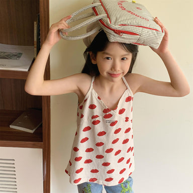 Girls' summer top with floral or lip print – soft cotton, spaghetti straps | 0–6 years