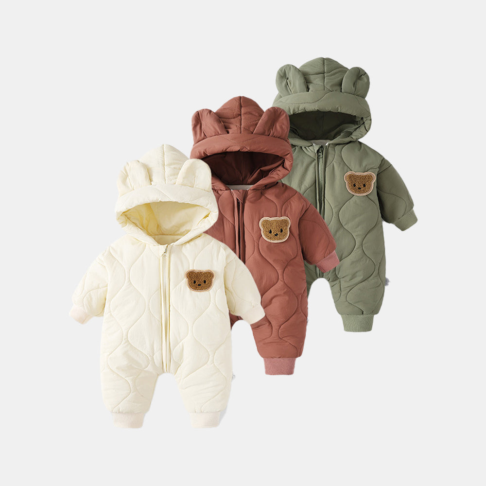 Baby onesie with bear ears – warm, fleece-lined, easy zip | unisex babygrow