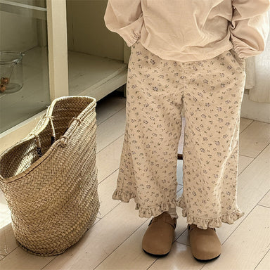 Floral print trousers with elastic waistband – soft cotton, ruffle details | Girls