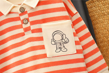 Striped jumper and jeans set with astronaut print – soft cotton, elastic waist | boys