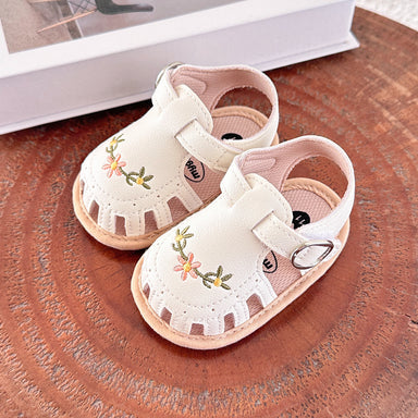 Baby sandals with floral embroidery – soft sole, adjustable strap | girls