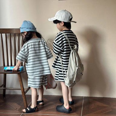 Breathable cotton t-shirt and shorts set – striped design, elastic waist | unisex kids