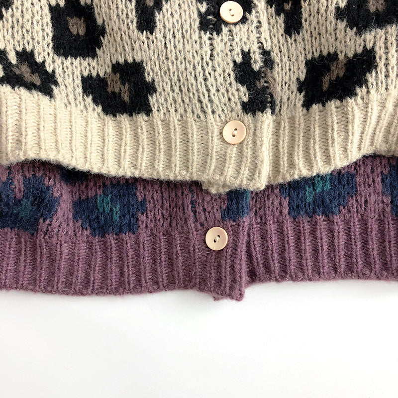 Knitted leopard print cardigan – soft cotton, ribbed cuffs | girls
