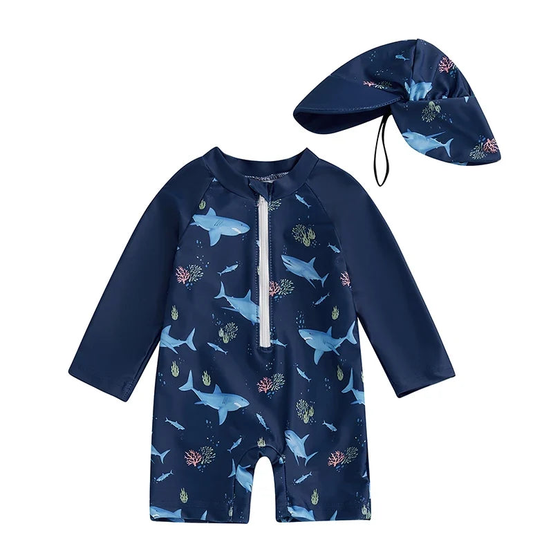 UV swimsuit with shark print and sun hat – Long sleeves, quick-drying | Boys 0-5yrs