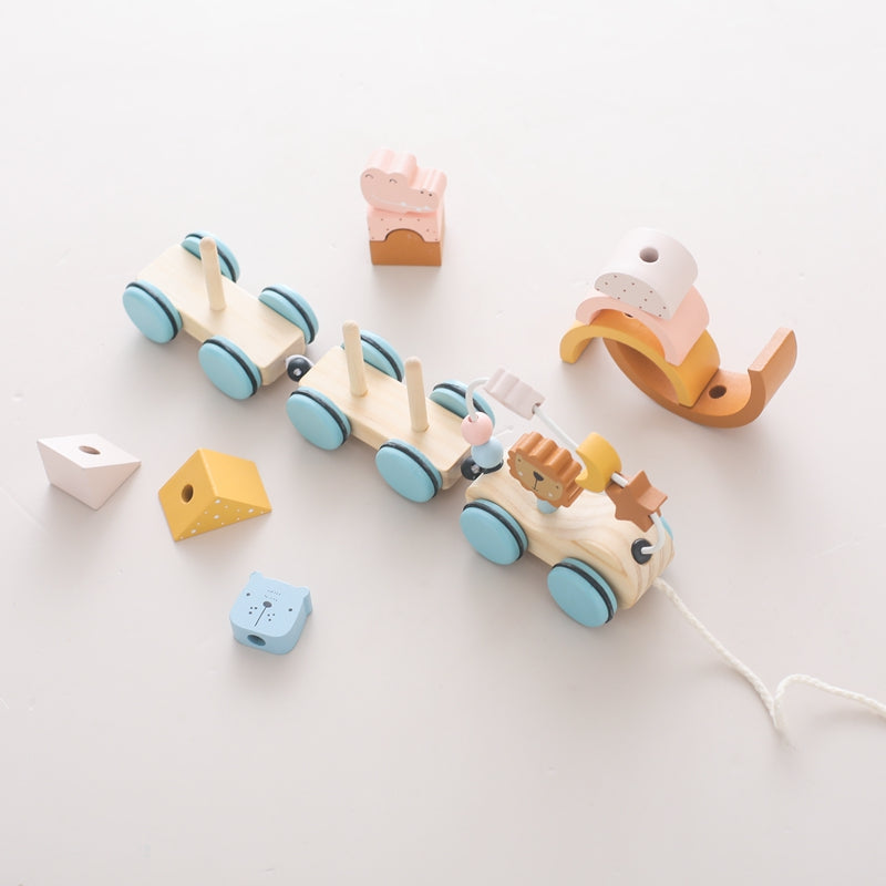 Wooden toy train with animals & rainbow blocks – connectable, durable wood | toddlers
