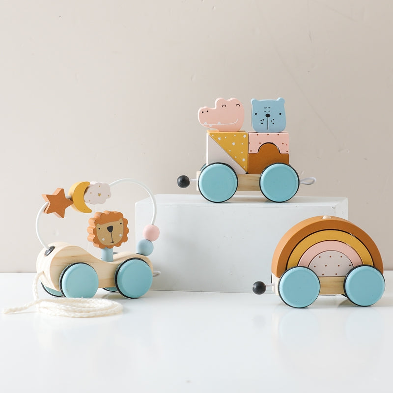 Wooden toy train with animals & rainbow blocks – connectable, durable wood | toddlers