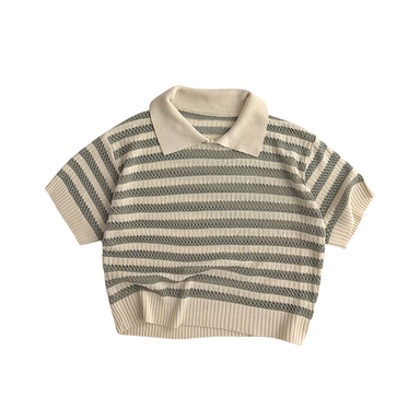 Knitted polo jumper with short sleeves – striped, 100% cotton | unisex kids