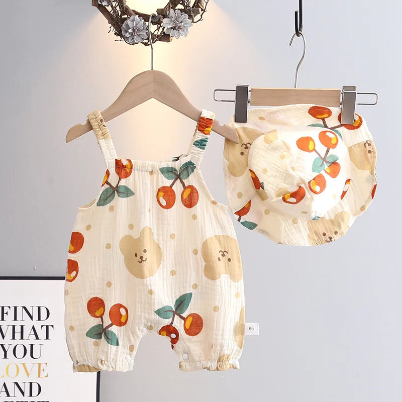 Sleeveless babygrow with sun hat – lightweight, breathable, easy-change | Summer outfit
