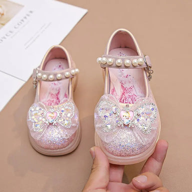 Shiny girls' shoes with touch-fasten strap – bow, pearl detail, padded sole | party shoes