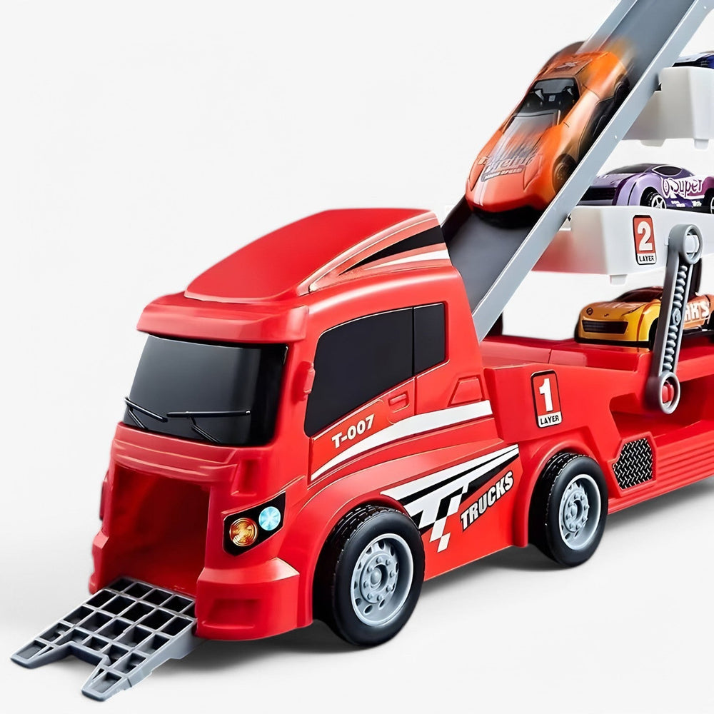 Toy car transporter with 6 race cars – loading function, no batteries required | truck