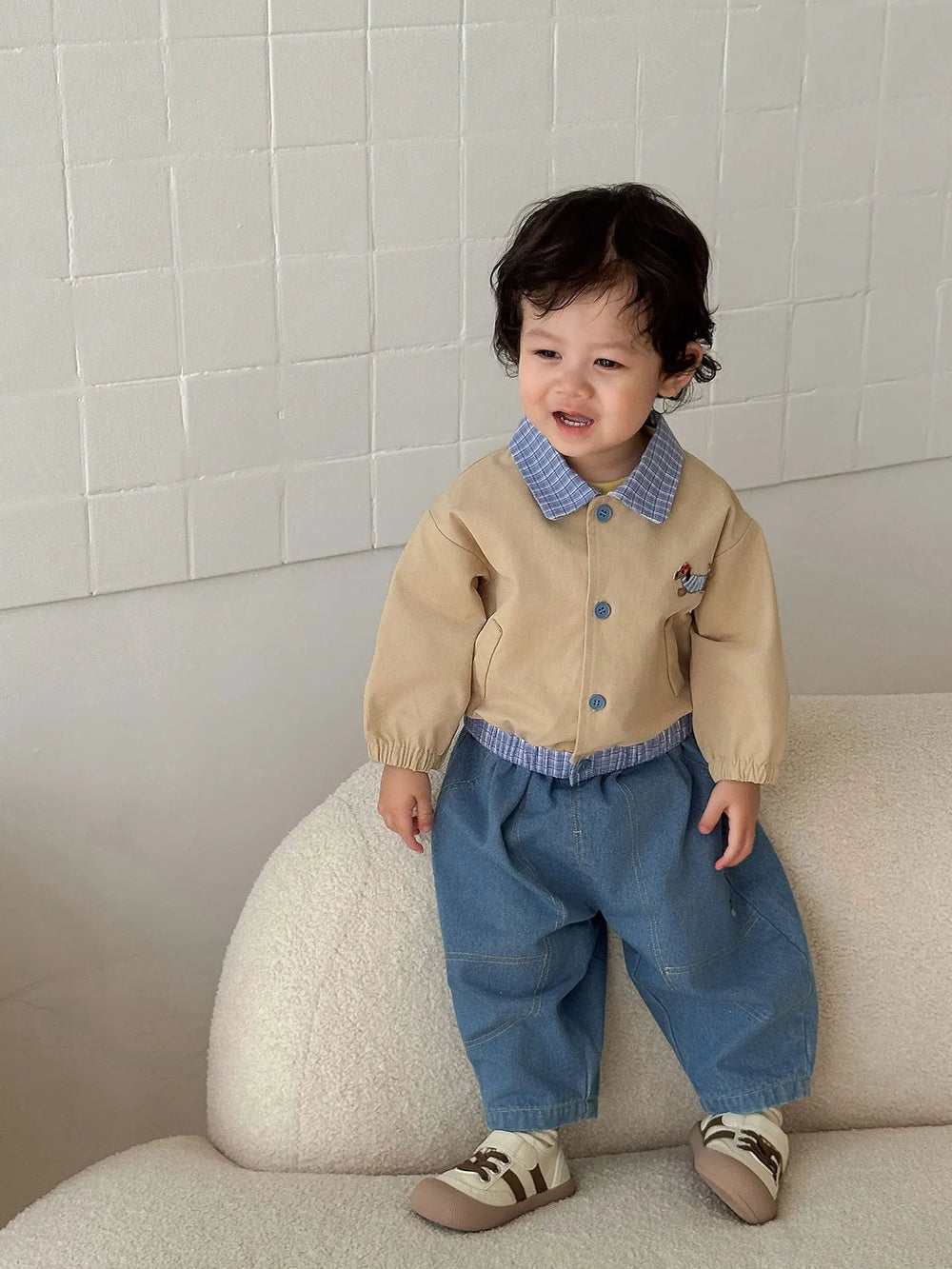 Baby and toddler baseball jacket with patchwork design – elastic cuffs | unisex autumn wear