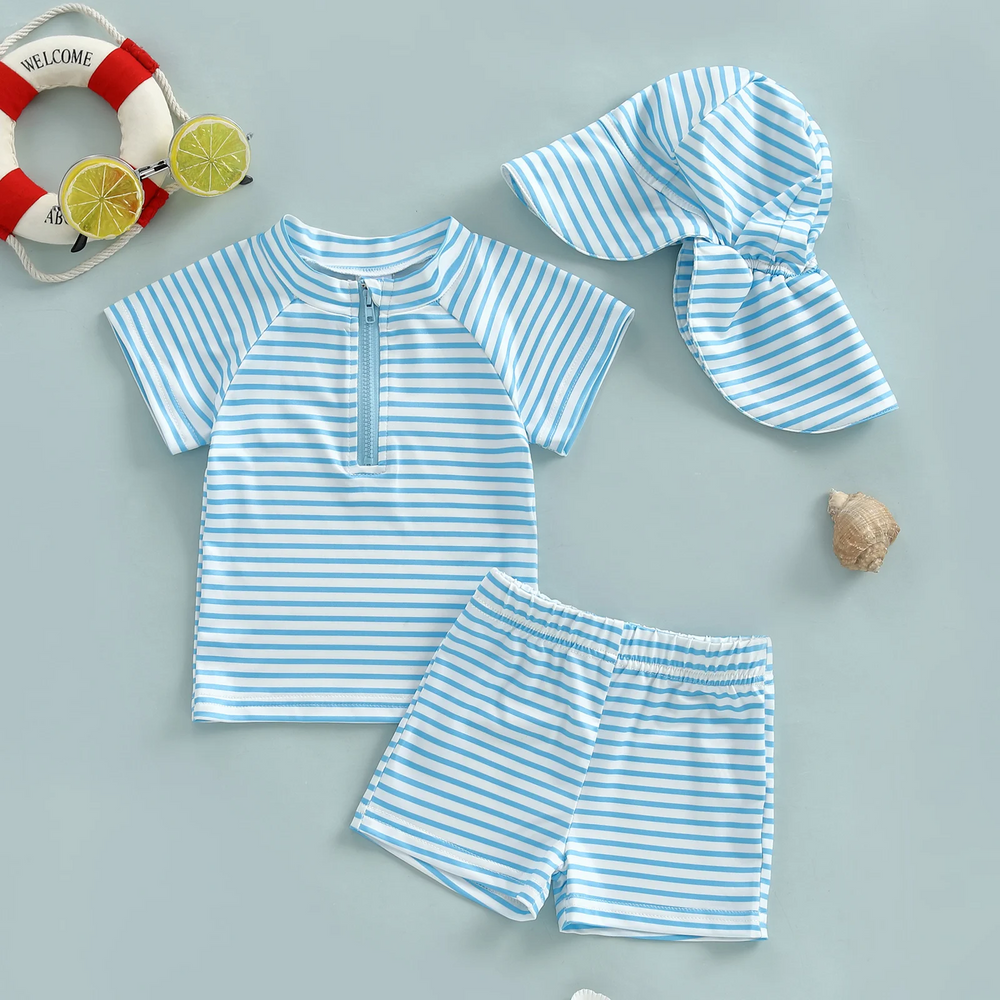 UV swimsuit with long sleeves and sun hat – striped design, UPF50+, quick-drying | kids swimwear