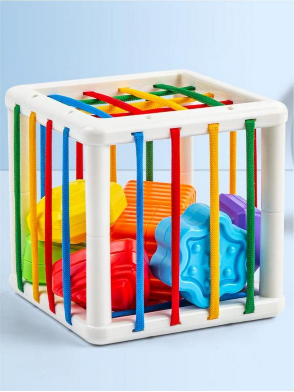 Sensory shape cube – motor skills, BPA-free, flexible bands | Montessori toy