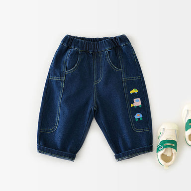 Boys' denim jeans with car embroidery – elastic waistband, soft cotton | Toddlers