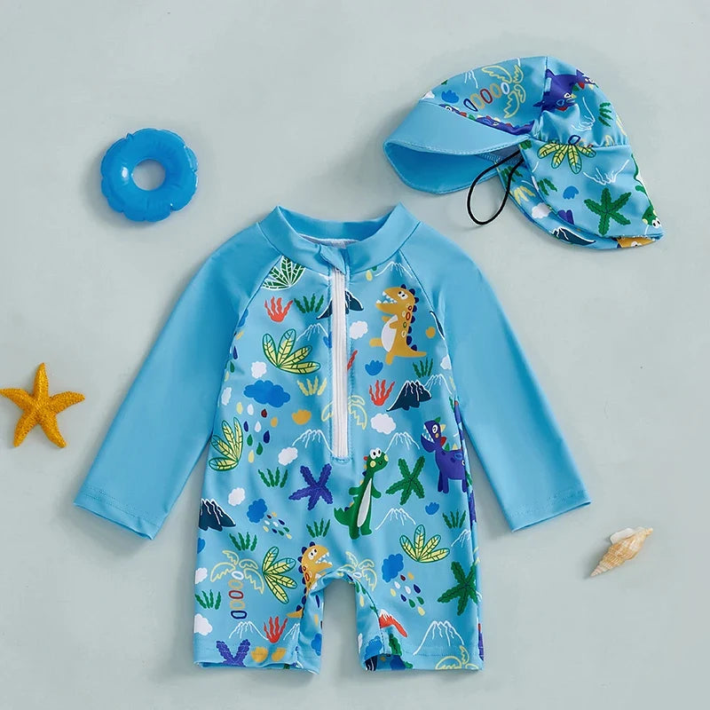UV swimsuit with shark print and sun hat – Long sleeves, quick-drying | Boys 0-5yrs