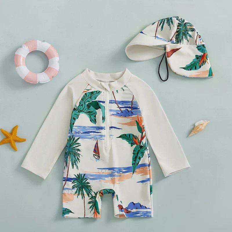 UV swimsuit with shark print and sun hat – Long sleeves, quick-drying | Boys 0-5yrs