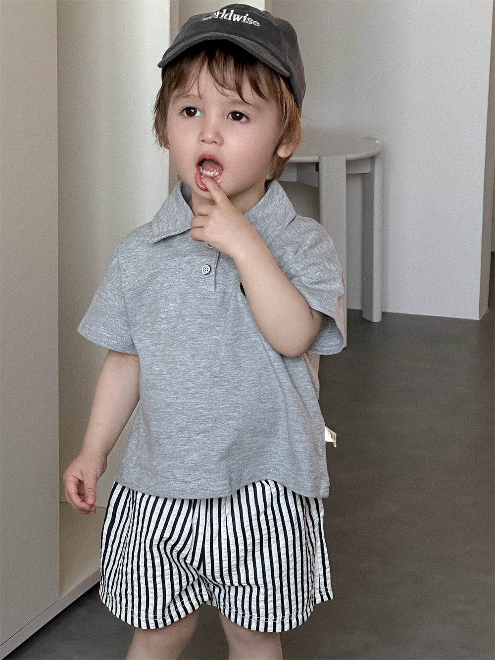 Polo and shorts outfit with soft cotton – elastic waistband, striped design | kids summer wear