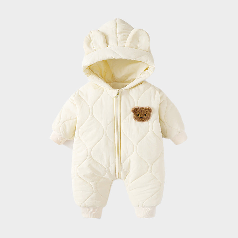 Baby onesie with bear ears – warm, fleece-lined, easy zip | unisex babygrow
