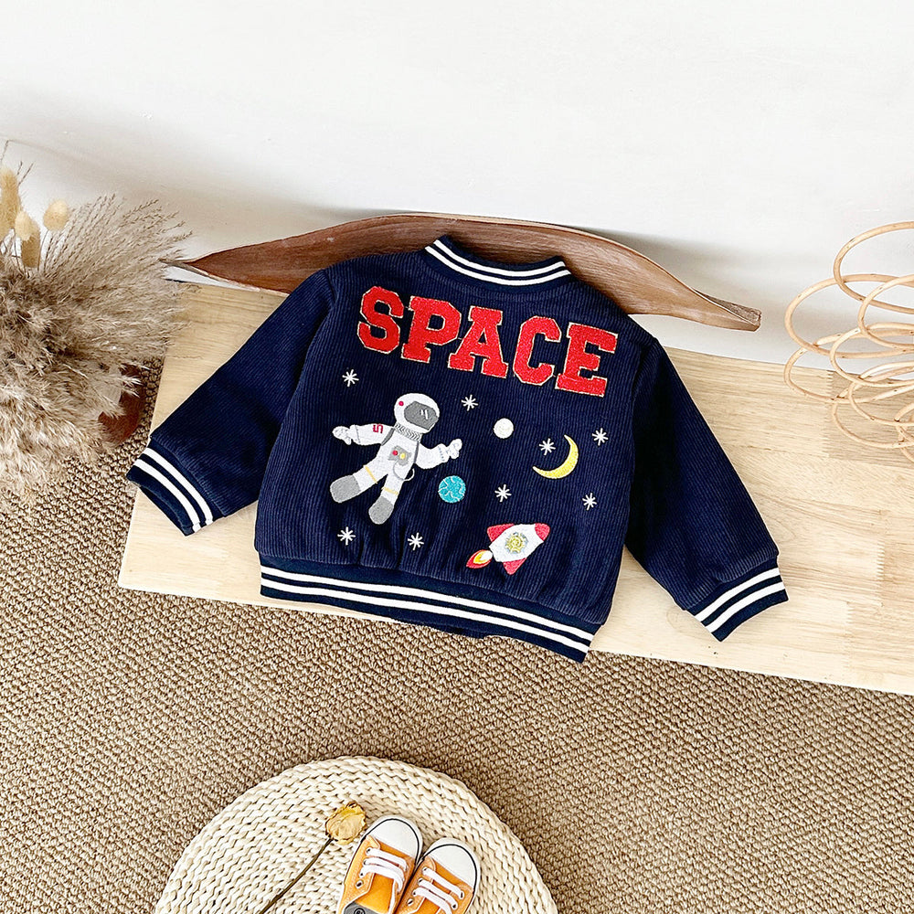 Baseball jacket with space print – ribbed cuffs, zip, pockets | unisex coat