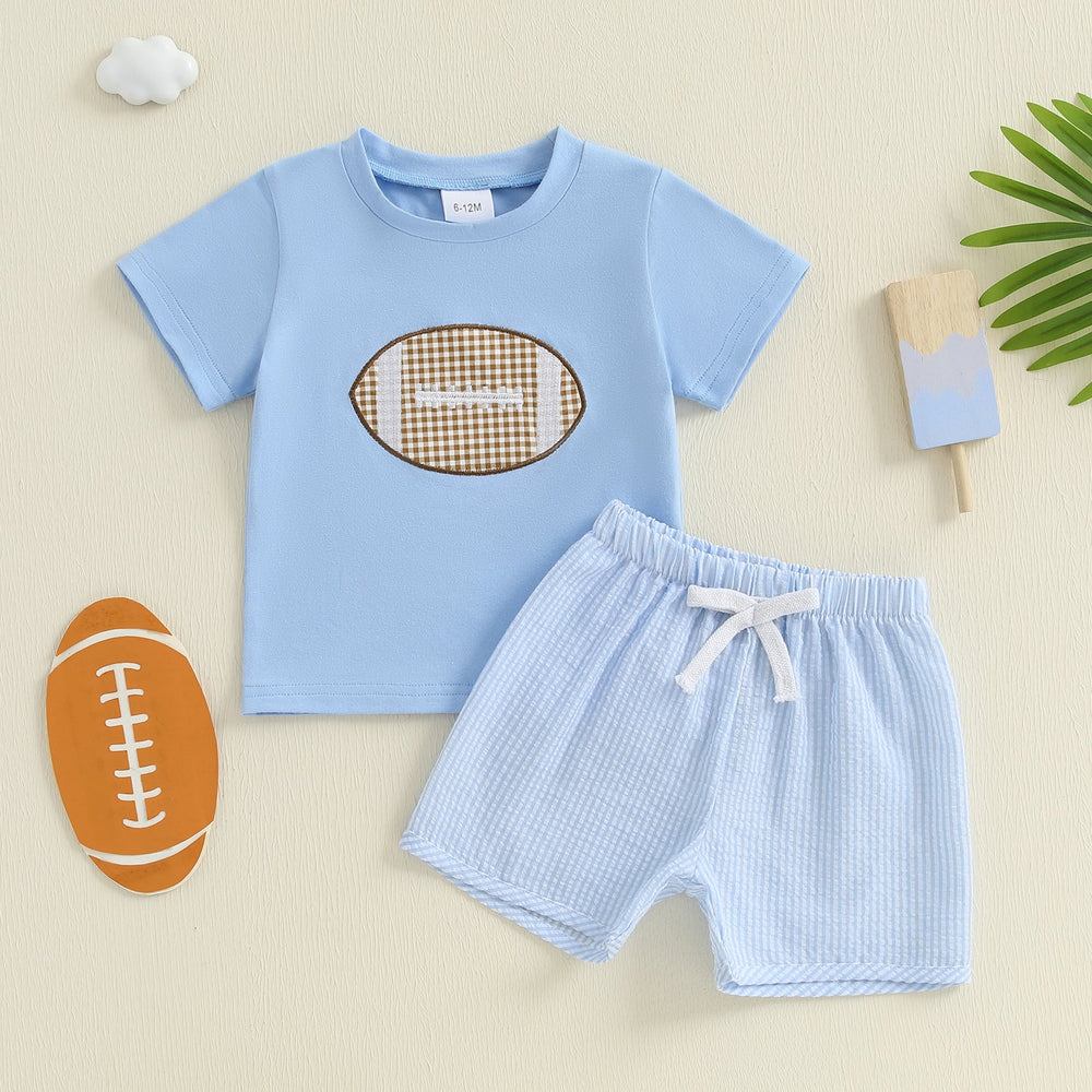 Boys' summer set with rugby ball appliqué – cotton-polyester, striped shorts | baby & toddler outfit