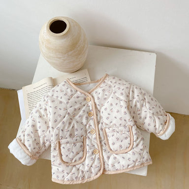 Padded jacket keeps little ones warm – floral print, button fastening | girls