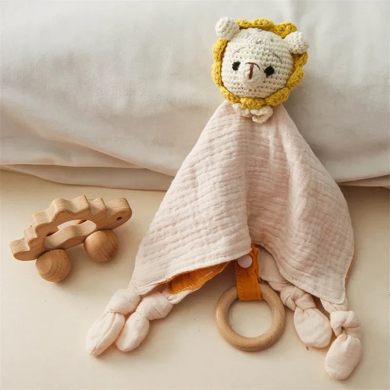 Baby comforter with wooden teether and rattle – soft cotton, soothes teething | Cuddle toy