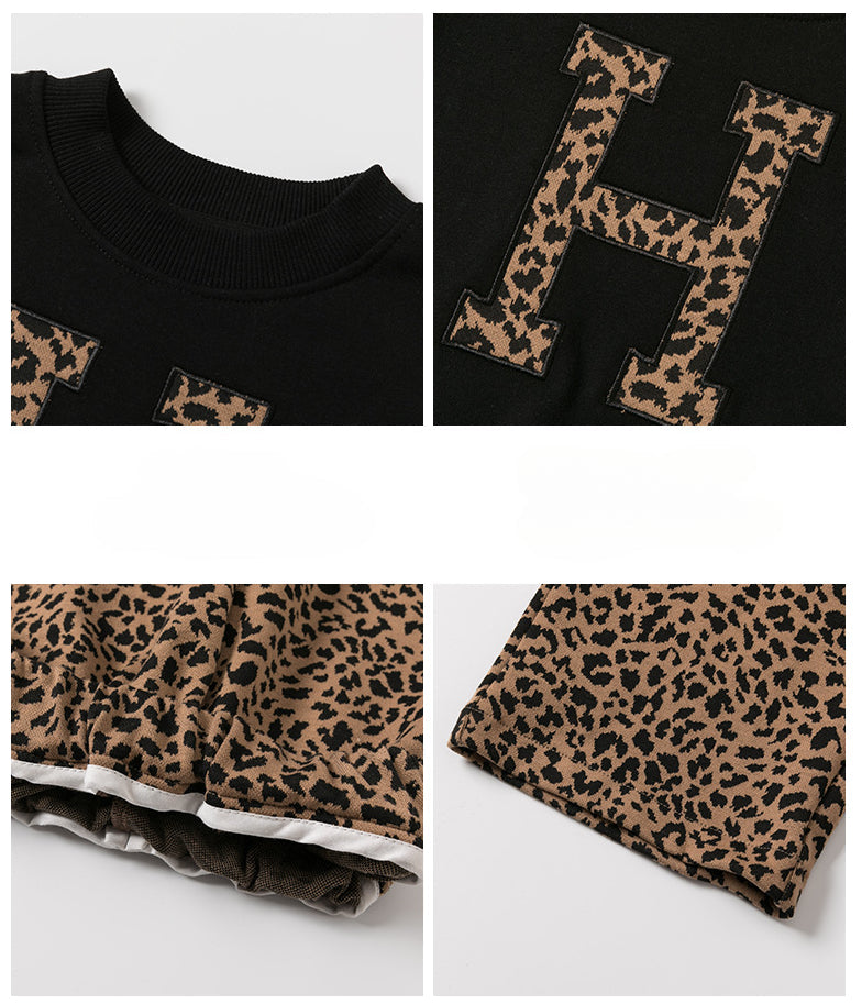 Jumper and trousers set with leopard print – soft cotton, elastic waistband | Girls