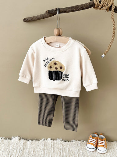 Clothing set with muffin print sweater – soft, striped leggings | unisex baby set