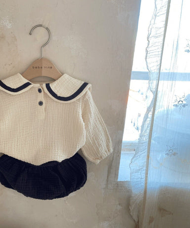 2-piece baby outfit – muslin cotton top with puff trousers and collar | babies