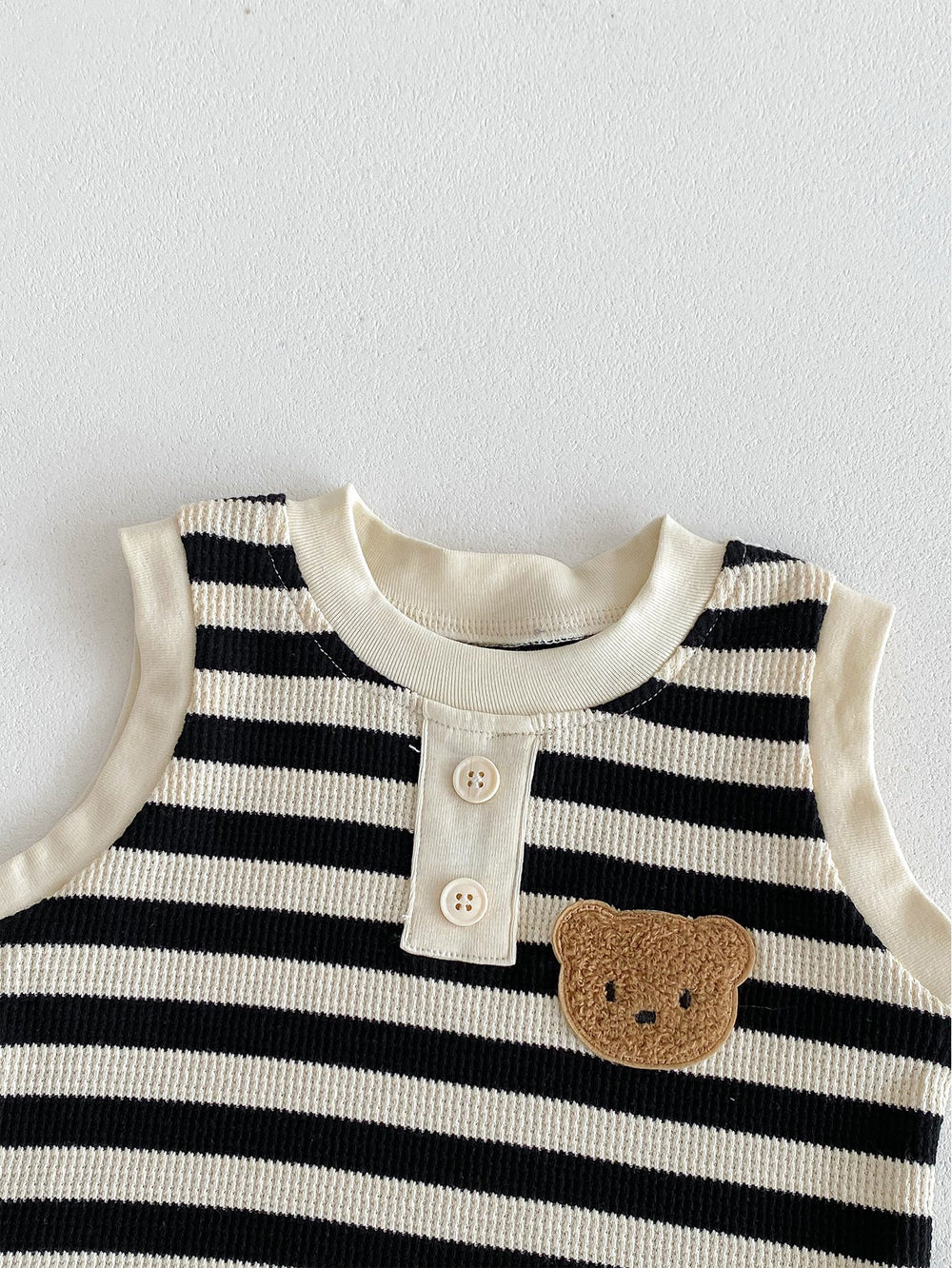 Striped summer set with bear embroidery – soft, stretchy, elastic waist | baby & toddler
