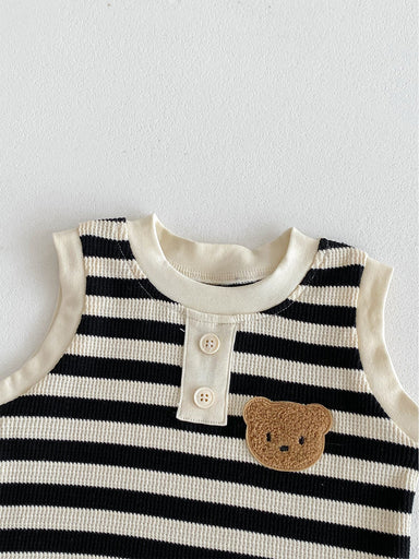 Striped summer set with bear embroidery – soft, stretchy, elastic waist | baby & toddler