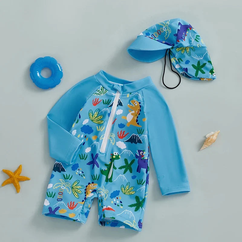 UV swimsuit with shark print and sun hat – Long sleeves, quick-drying | Boys 0-5yrs