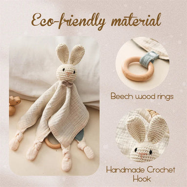 Baby comforter with wooden teether and rattle – soft cotton, soothes teething | Cuddle toy