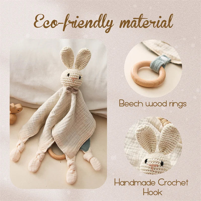 Baby comforter with wooden teether and rattle – soft cotton, soothes teething | Cuddle toy