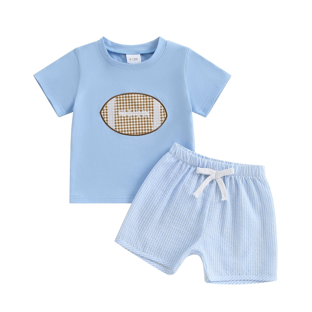 Boys' summer set with rugby ball appliqué – cotton-polyester, striped shorts | baby & toddler outfit