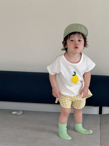 Baby summer set with lemon print top – cotton, checked shorts | Girls & boys