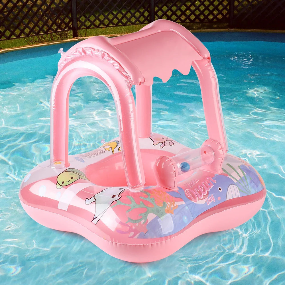 Baby swim float with sun canopy – stable, inflatable design | toddler float