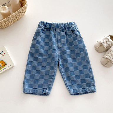 Baby jeans with elastic waistband – soft stretch, checked print | 0–5 years
