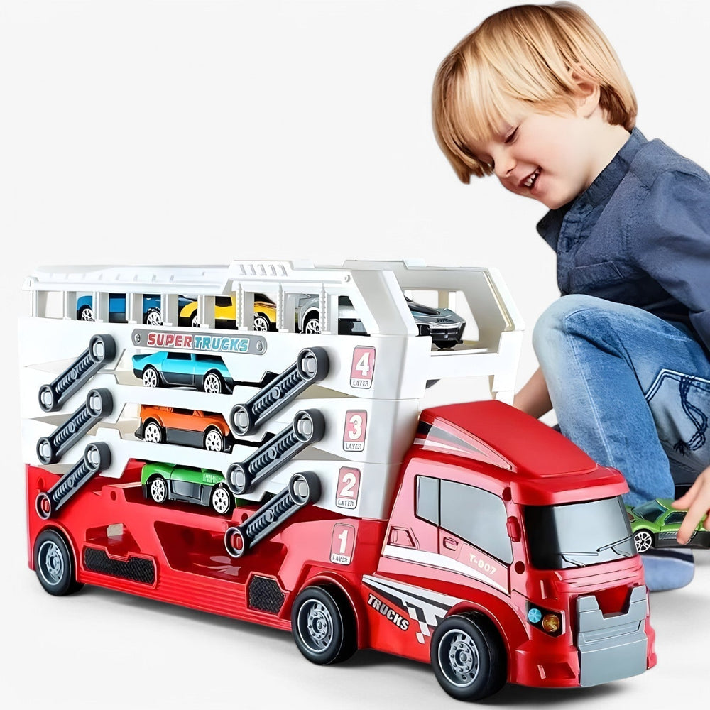 Toy car transporter with 6 race cars – loading function, no batteries required | truck