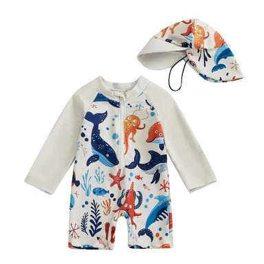 UV swimsuit with shark print and sun hat – Long sleeves, quick-drying | Boys 0-5yrs
